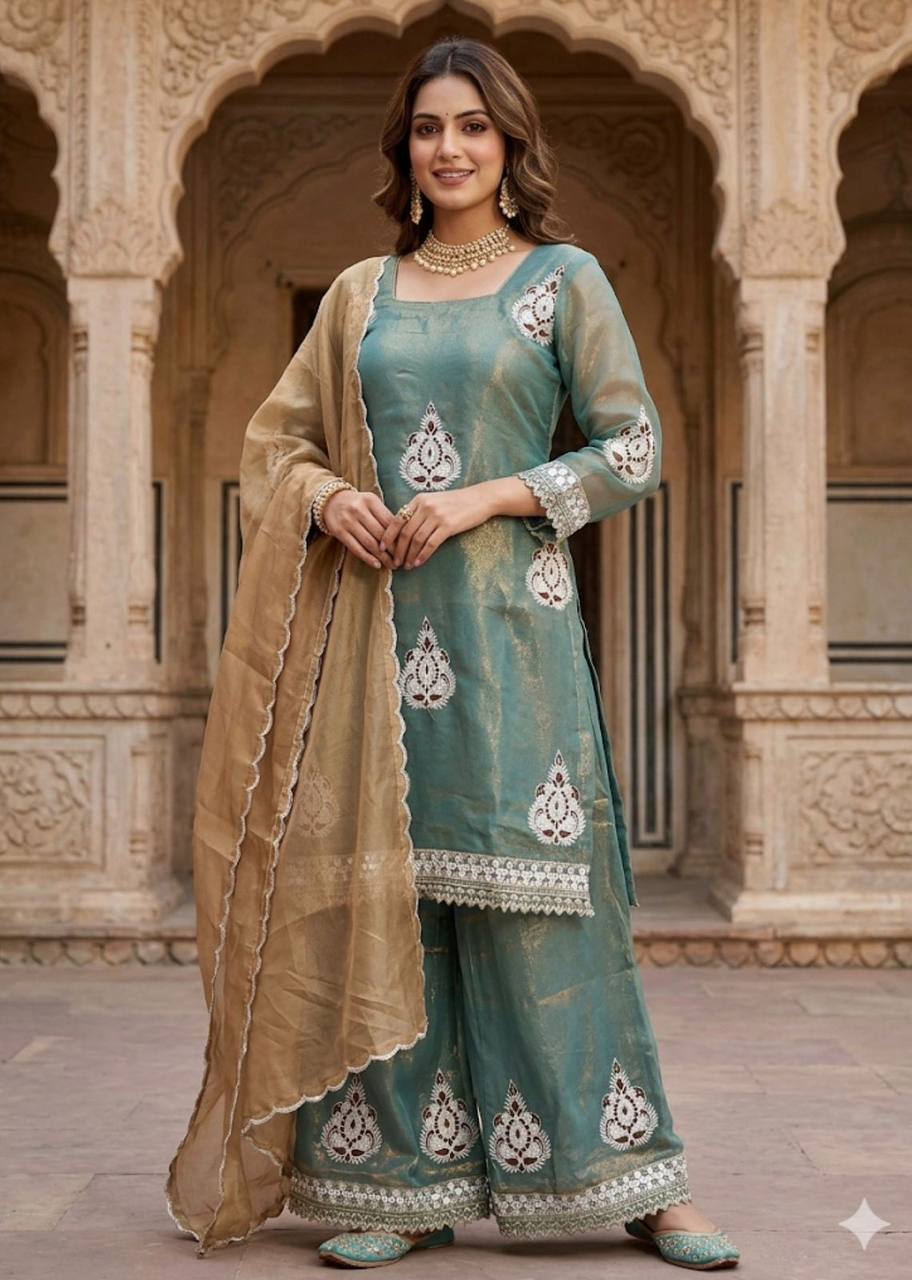 The Neo-Classic Teal Tissue Silk Silhouette